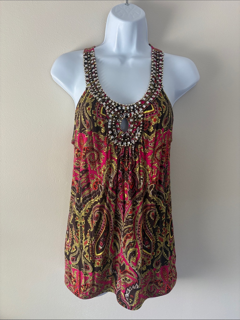 INC International Concepts Pink and Gold Beaded Paisley Tank